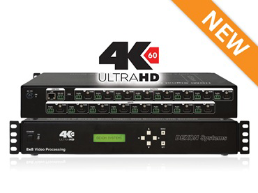 DEXON DMX824K、DMX818K 4Kインテリジェントマトリクススイッチャ。HDMI入力映像をアップ/ダウンスケーリングや切出し可能で、オーバーレイ表示もできる製品