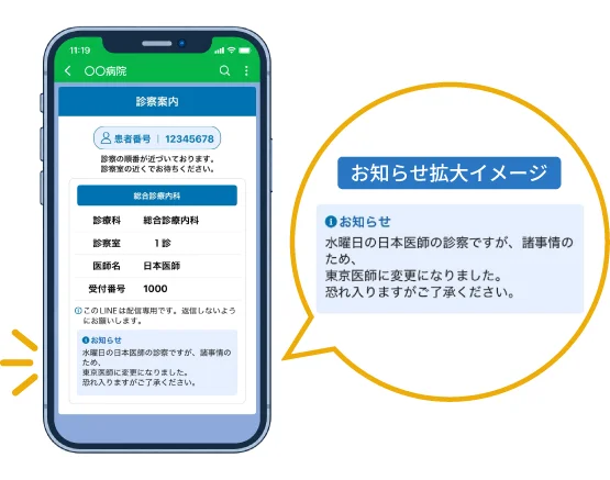LINEで病院からのお知らせを受信したイメージ